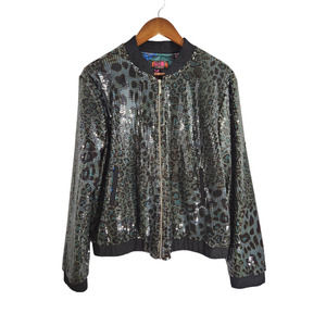 Isle by Melis Kozan Women's Size Medium Green Sequin Leopard Print Bomber Jacket